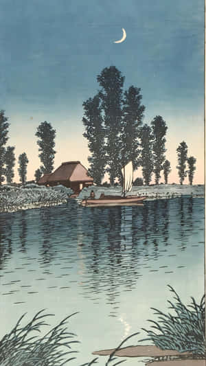 Moonlit River Scene Kawase Hasui Wallpaper