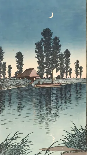 Moonlit River Scene Kawase Hasui Wallpaper