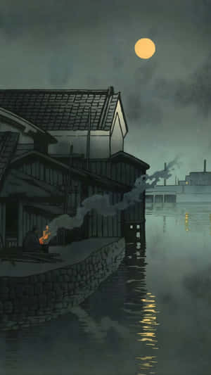 Moonlit Riverside Village Wallpaper