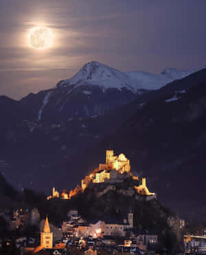 Moonlit Sion Castle Switzerland Wallpaper