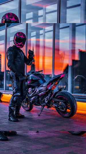 Motorcycle Beside Man [wallpaper] Wallpaper