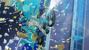 Motorcycle Crashing Through Glass Wall Wallpaper