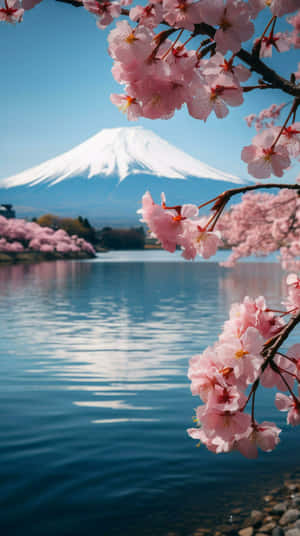 Mount Fuji Cherry Blossoms Lake View Wallpaper