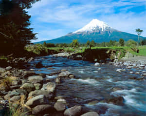 Mount Taranaki Over River New Plymouth Wallpaper