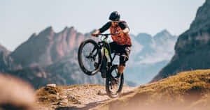 Mountain Biker Performing Wheelie On Rugged Trail.jpg Wallpaper