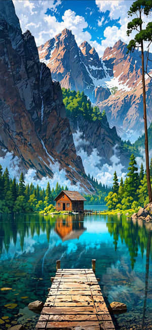 Mountain Lake Cabin Reflection Wallpaper