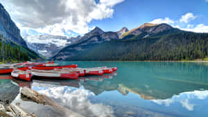 Mountain_ Lake_ Canoes_ Reflection_4 K Wallpaper