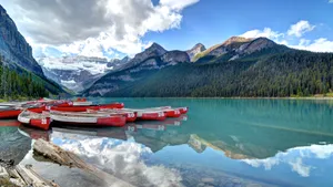 Mountain_ Lake_ Canoes_ Reflection_4 K Wallpaper