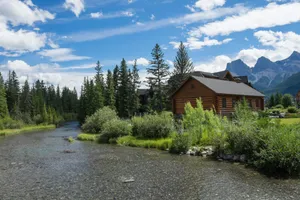 Mountain River Log Cabin Landscape Wallpaper