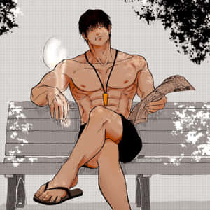 Muscular Anime Character Readingon Bench Wallpaper