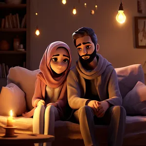 Muslim Couple Cartoon Cozy Evening Wallpaper