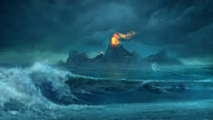 Mysterious Dark Island Under A Stormy Sky Wallpaper