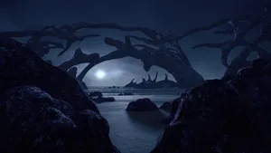 Mysterious Dark Realm With Moonlit Sky And Tower Wallpaper