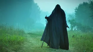 Mysterious Dark Spirit In A Foggy Forest Wallpaper