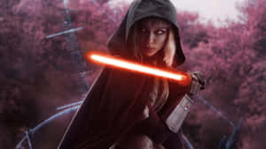 Mysterious Figure With Red Lightsaber Wallpaper