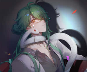 Mysterious Green Haired Characterwith Snakeand Glasses Wallpaper