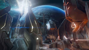 Mysterious Halo Forerunner Structure In The Midst Of An Epic Battle Wallpaper