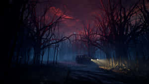 Mysterious Red Sky Forest Road Night Wallpaper