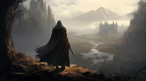 Mystic_ Wanderer_ Overlooking_ Fantasy_ Landscape Wallpaper