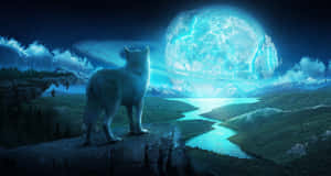 Mystic Wolfand Giant Moon Wallpaper