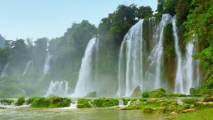 Mystical 3d Waterfall In A Lush Green Forest Wallpaper