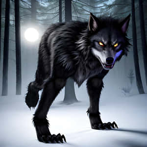 Mystical_ Anime_ Black_ Wolf_in_ Snowy_ Forest Wallpaper