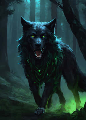 Mystical Black Wolf Forest Wallpaper