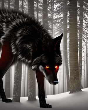 Mystical Black Wolfin Snowy Forest Wallpaper