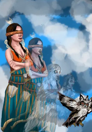 Mystical Blindfolded Womanand Owls Wallpaper