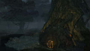 Mystical Forest Hutat Dusk Wallpaper