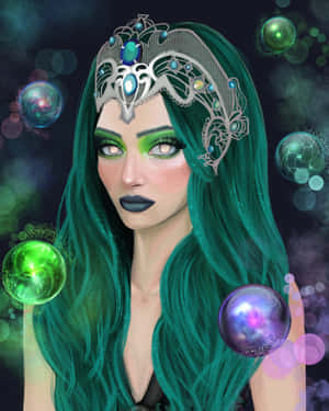 Mystical Green Witch In Enchanted Forest Wallpaper