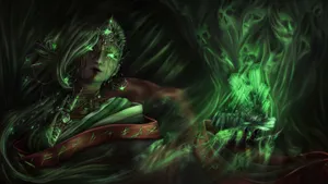 Mystical Green Witch In Enchanted Forest Wallpaper