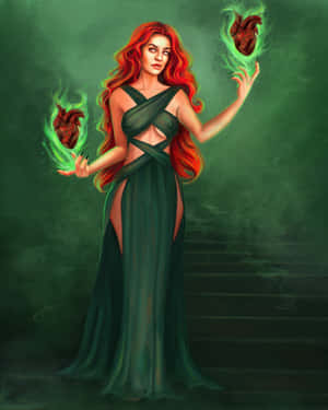 Mystical Green Witch In Enchanted Forest Wallpaper