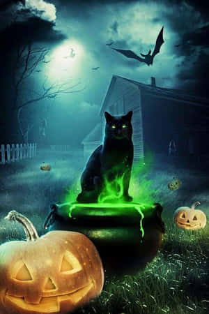 Mystical Halloween Cat Glowing Cauldron Wallpaper