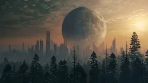 Mystical_ Moonset_ Over_ Futuristic_ Cityscape Wallpaper