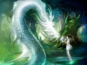 Mystical Sea Dragonand Maiden Wallpaper
