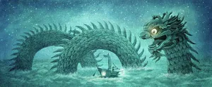 Mystical Sea Dragonand Sailing Ship Wallpaper