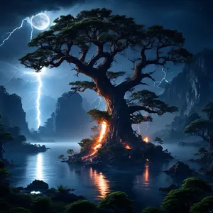 Mystical_ Tree_ Lightning_ Moon Wallpaper