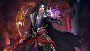 Mystical Warrior Holding A Sword In A Majestic Landscape Wallpaper