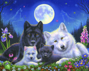 Mystical Wolf Family Moonlight Wallpaper