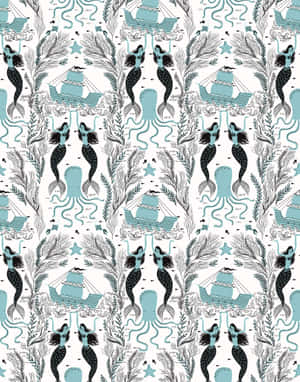 Nautical Pattern Mermaidsand Ships.jpg Wallpaper