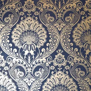 Navy Gold Damask Pattern Wallpaper