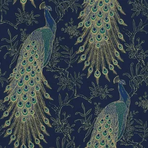Navy_ Gold_ Peacock_ Pattern Wallpaper