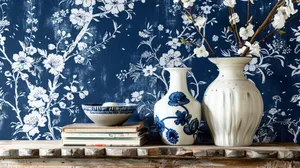 Navy White Floral Decor Wallpaper