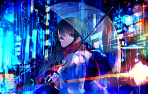 Neon Anime Girl With Transparent Umbrella Wallpaper
