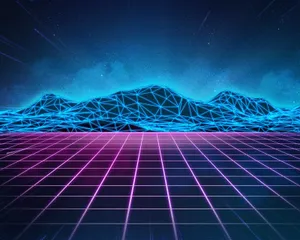 Neon Blue Aesthetic Grid Mountains Wallpaper