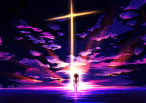 Neon Cross Purple Sky Wallpaper