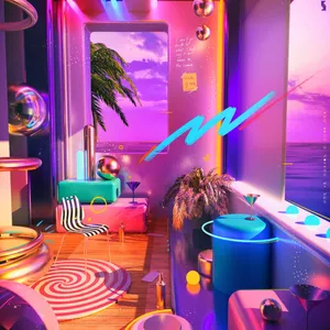 Neon Cyberpunk Beachfront Balcony Wallpaper
