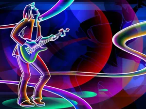 Neon Guitarist Vibrant Performance Wallpaper