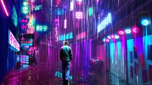 Neon Lights Rain In City Wallpaper